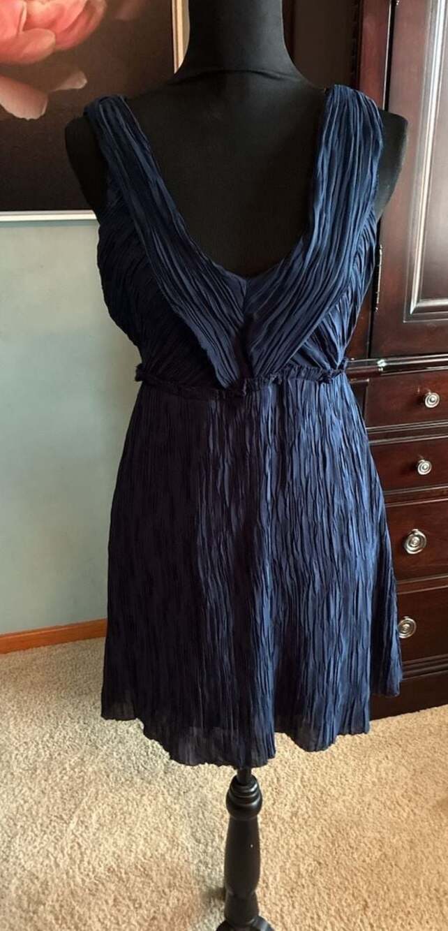 Rag & Bone New York Navy Blue 100% Silk Pleated Sleeveless Dress Size 2 A713